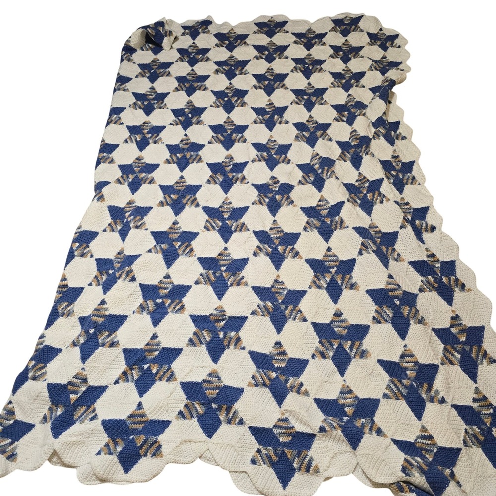 Vintage Crochet Star Afghan Blanket Blue Cream Cottagecore Americana Scalloped - Picture 3 of 6